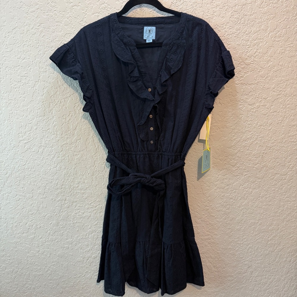 CeCe‎ Eyelet Ruffle Mini Dress Large Cottagecore Boho Romantic Navy